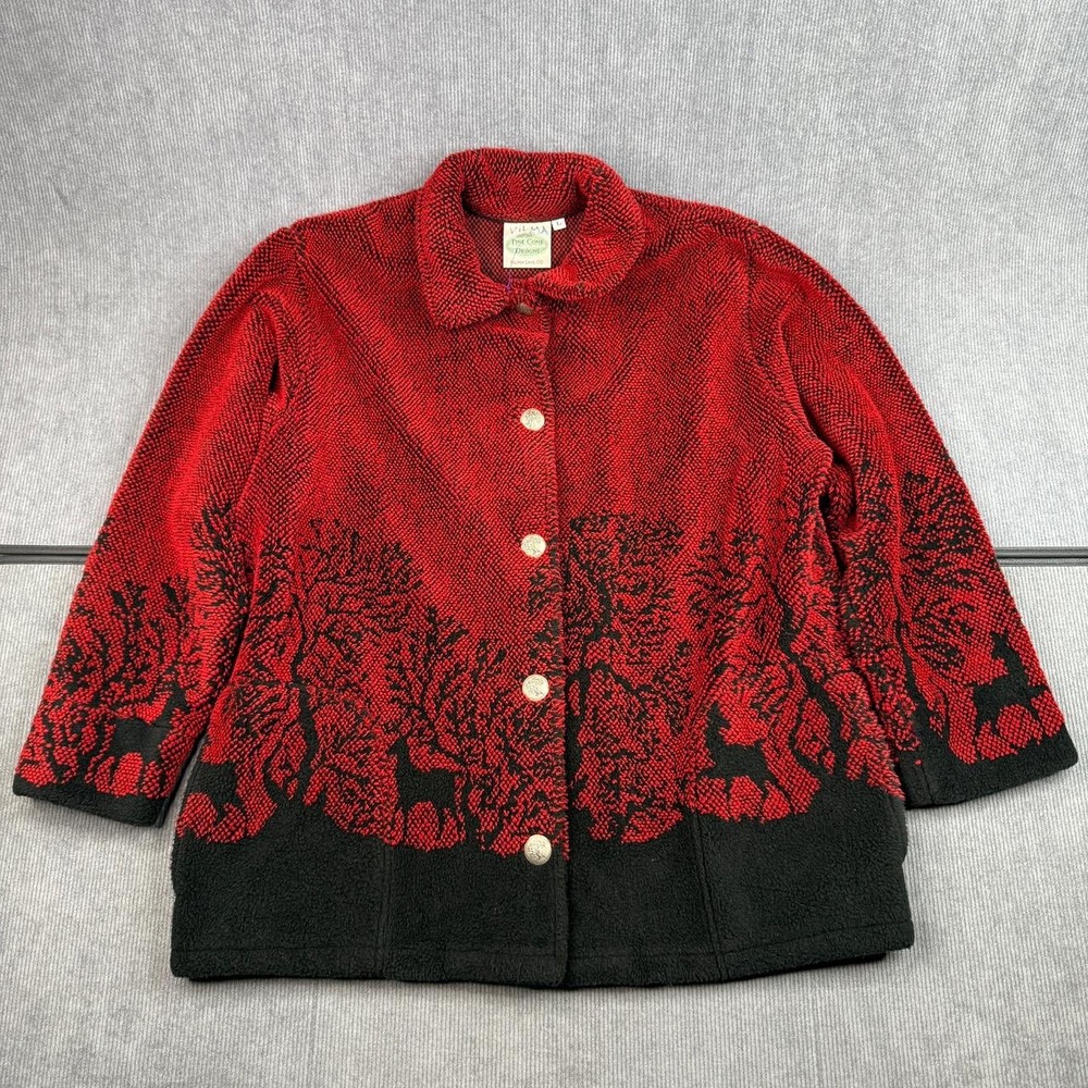 Pine Cone Designs Red Black Deer Woodland Fleece Jacket Button Front L Vintage